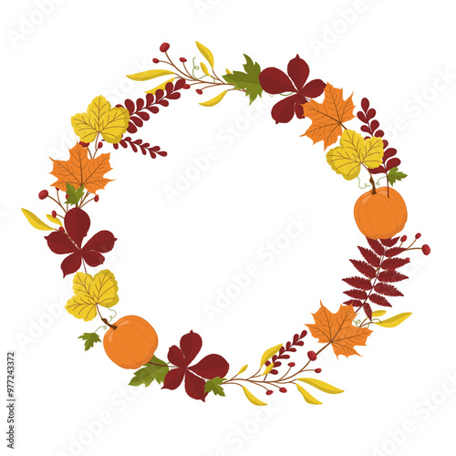 Vector autumn wreath with yellow and red leaves and ripe berries. Floral print for greeting cards, covers and invitations. Place for text.