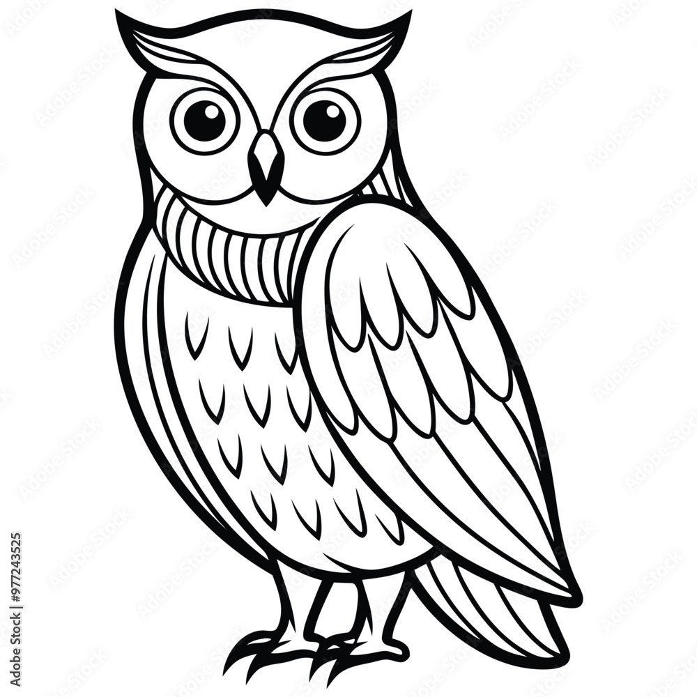 A black and white drawing of an owl with a black and white pattern