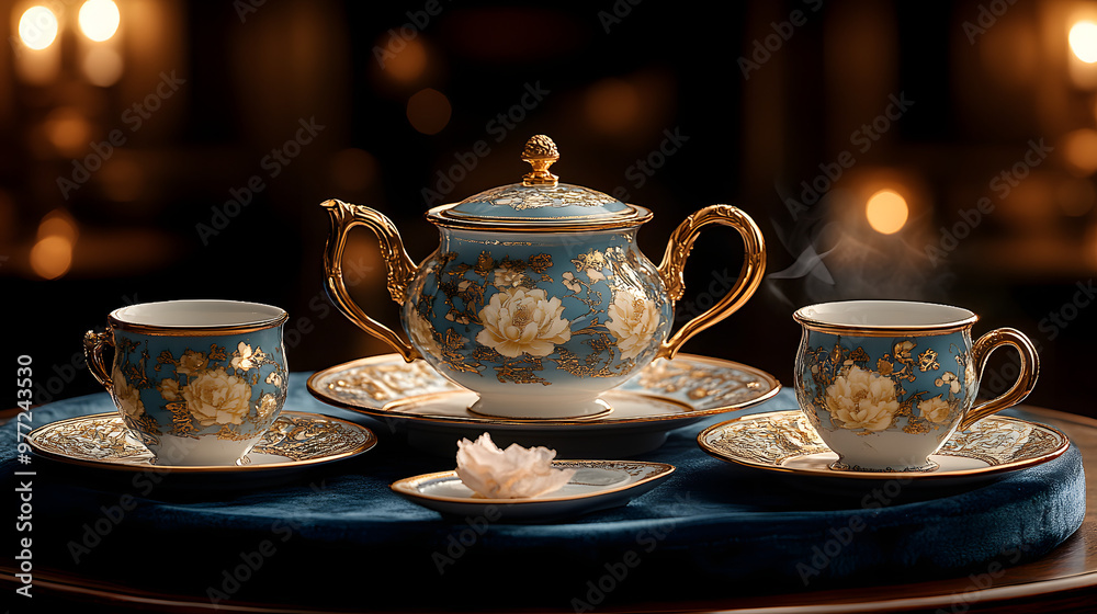 Elegant tea set with floral design, featuring a teapot and cups, perfect for a cozy tea time ambiance. Elegant tea set with floral design, featuring a teapot and cups, perfect for a cozy tea time ambiance.
