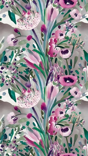 Watercolor flower motif background. Hand painted earthy whimsical seamless pattern. Modern floral linen textile for spring summer home decor. Decorative scandi style colorful nature all over print