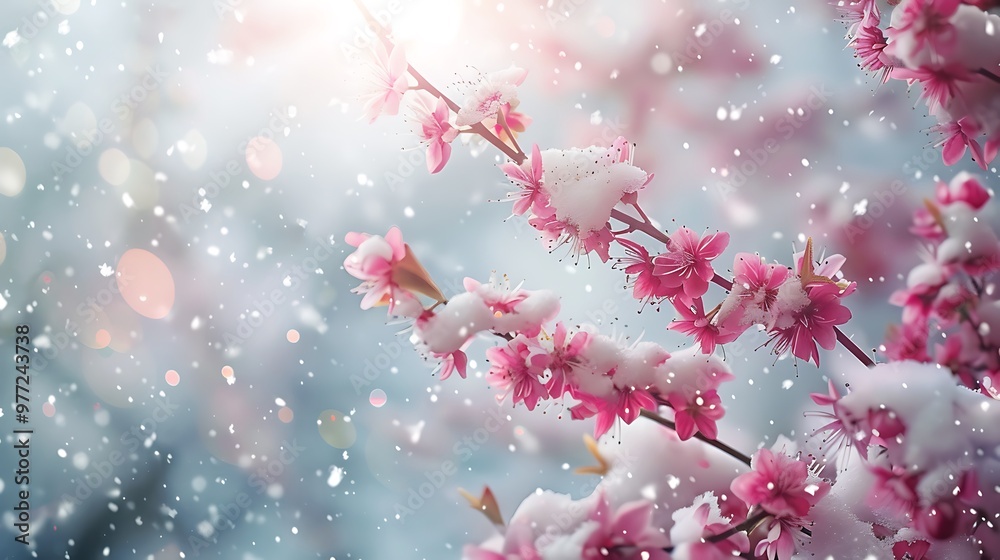 Snow gently falling on a spring blossom tree, with delicate pink flowers contrasted against the crisp, white snow and a soft, serene background