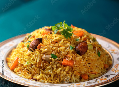 Kabuli pulao on a large plate. Light and aromatic rice dish with meat. photo