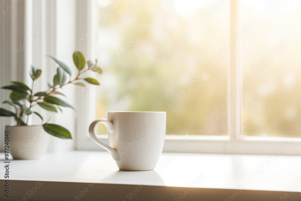 A bright and serene moment captured with a white coffee mug on a table, softly lit by sunlight through a window A bright and serene moment captured with a white coffee mug on a table, softly lit by sunlight through a window