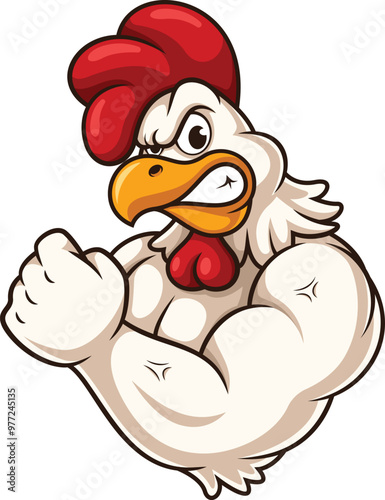 Cartoon strong chicken mascot character vector illustration
