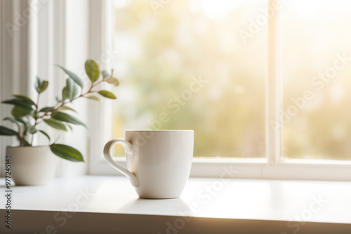 A bright and serene moment captured with a white coffee mug on a table, softly lit by sunlight through a window