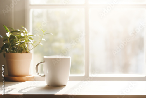 A bright and serene moment captured with a white coffee mug on a table, softly lit by sunlight through a window
