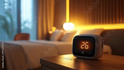 A cozy bedroom scene featuring a digital clock displaying the time, bathed in warm ambient light for a relaxing atmosphere.