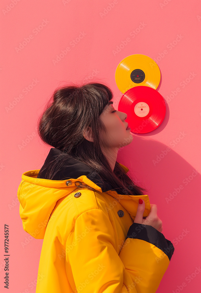 A woman in a bright yellow jacket poses against a pink backdrop with colorful vinyl records. A stylish and bold fashion portrait with a modern twist. A woman in a bright yellow jacket poses against a pink backdrop with colorful vinyl records. A stylish and bold fashion portrait with a modern twist.