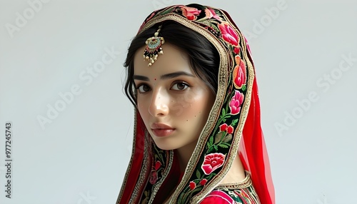 Traditional Kalash Woman in Embroidered Dress and Decorative Headpiece Rendered in 3D on White Background photo