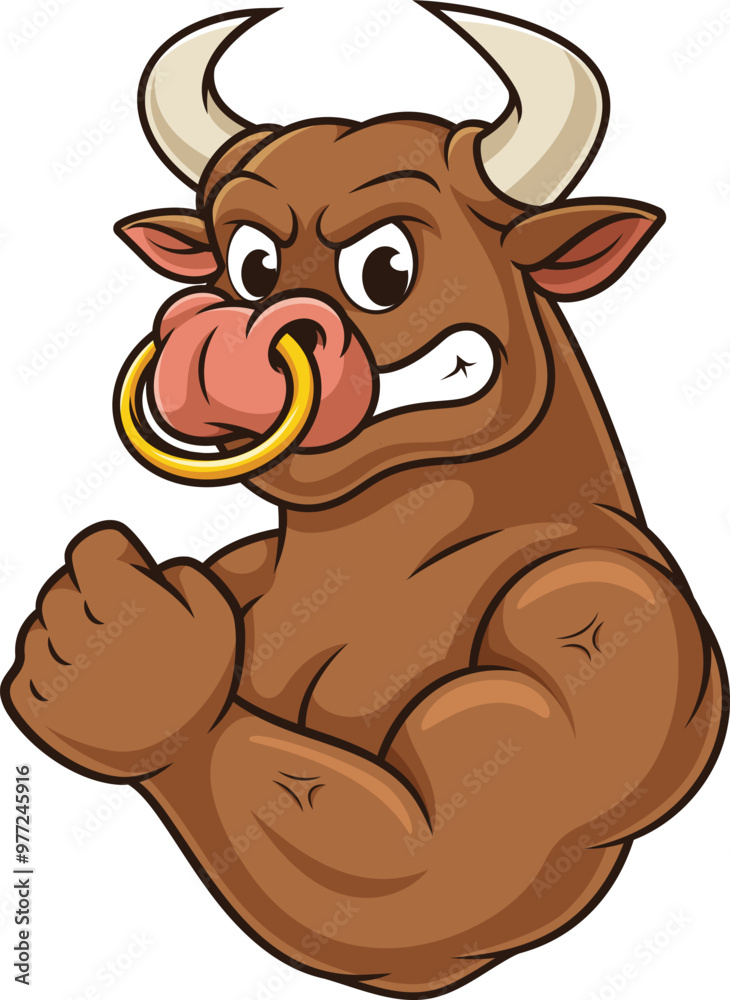 Cartoon strong bull mascot character vector illustration