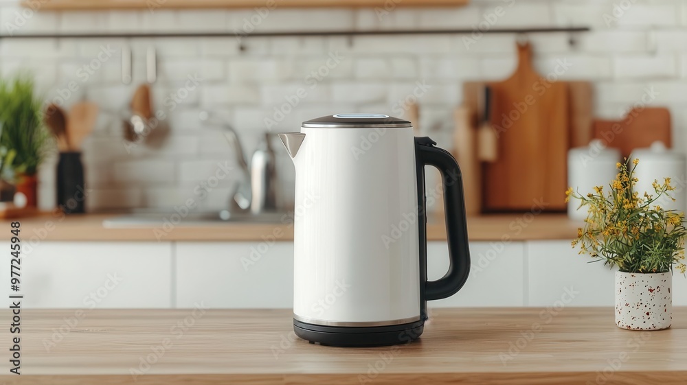 A sleek electric kettle on a wooden countertop in a modern kitchen, showcasing a minimalist design and functional appeal. A sleek electric kettle on a wooden countertop in a modern kitchen, showcasing a minimalist design and functional appeal.