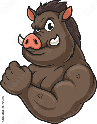 Cartoon strong wild boar mascot character vector illustration