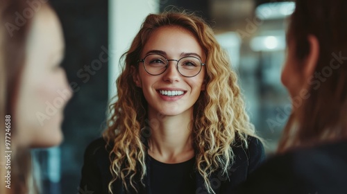 Photograph of a recruitment firm portrait, showing recruiters engaged in discussions to provide hiring solutions. Realistic. photo