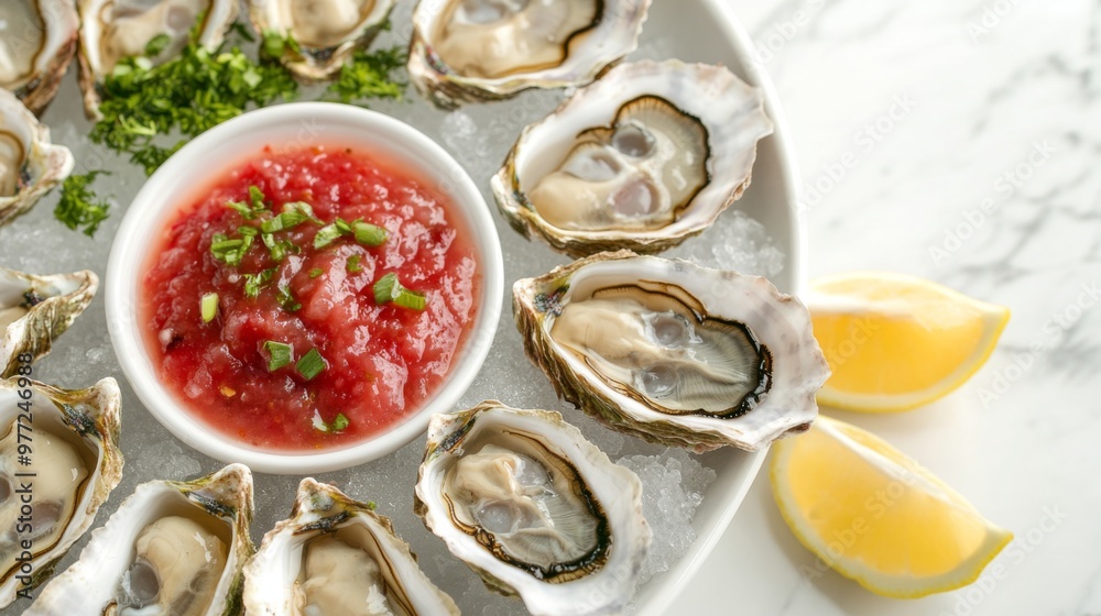 A detailed shot of freshly shucked oysters on a bed of ice, with lemon wedges and a tangy mignonette sauce, presented on a clean white surface A detailed shot of freshly shucked oysters on a bed of ice, with lemon wedges and a tangy mignonette sauce, presented on a clean white surface