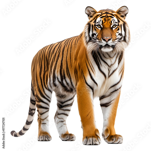 Realistic Illustration of a Tiger Standing Proudly with Intense Gaze Isolated on White Background, Cutout, Isolated on White Background