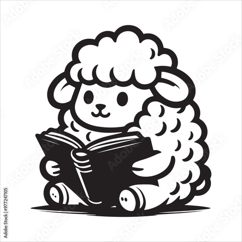 Fluffy cartoon sheep with wool, sitting with an open book vector illustration silhouette