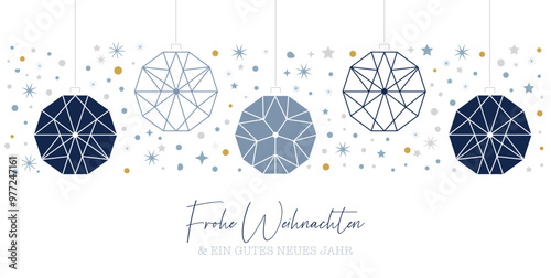 Weihnachtskarte mit Christbaumkugeln und Baumbehang blau und gold - deutscher Text auf weissem Hintergrund