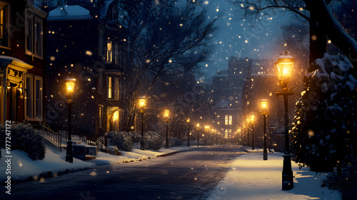 quiet street illuminated by soft, glowing streetlights, with snow gently falling through