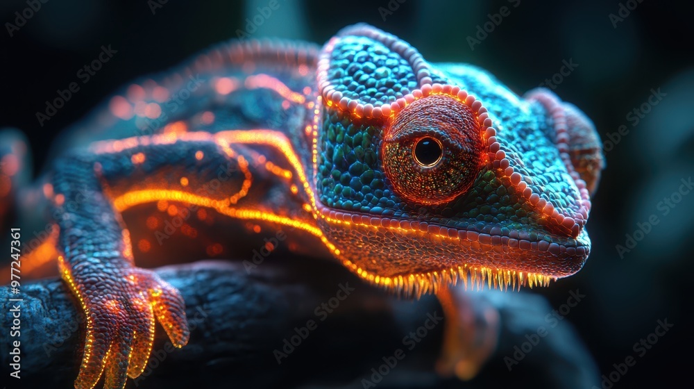 Strange animal with chameleon-like skin, glowing lines along its body, and a ghostly aura, close-up view of its mysterious features. Strange animal with chameleon-like skin, glowing lines along its body, and a ghostly aura, close-up view of its mysterious features.