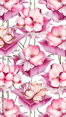 Seamless pattern with watercolor cotton flowers, pink florals and lotus boxes, hand painted on a white background