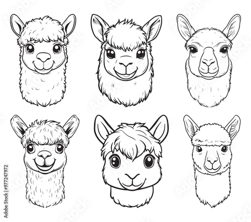 Cute Llama face silhouette set, Llama face Detailed Black and White Outline Line Art Drawing Illustration