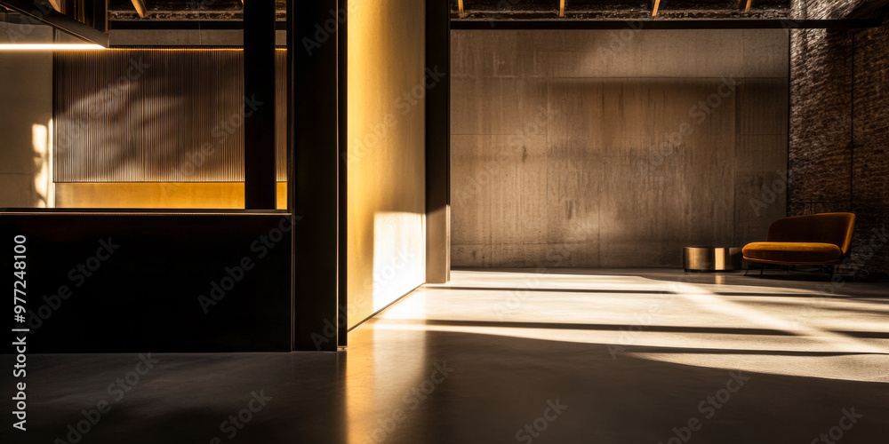 A serene interior with warm sunlight casting soft shadows in a minimalist space during late afternoon hours A serene interior with warm sunlight casting soft shadows in a minimalist space during late afternoon hours