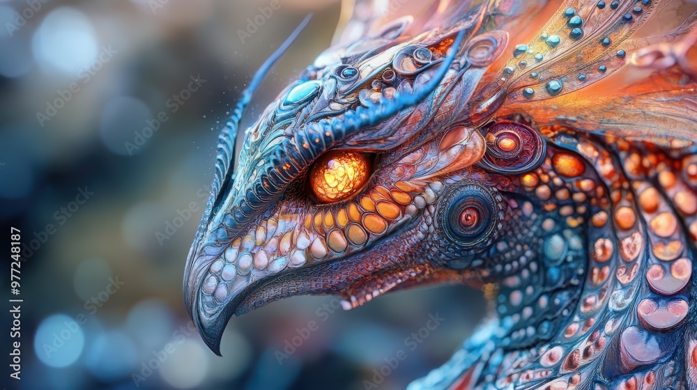Fototapeta premium Fantasy creature with shimmering scales, glowing eyes, and delicate fairy wings, close-up of intricate, whimsical patterns and vibrant colors.