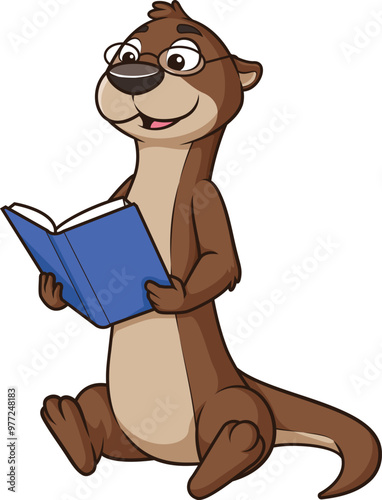 Cartoon otter character reading book vector illustration
