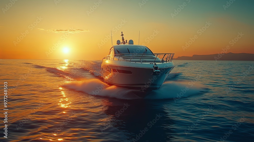 Luxury Yacht Cruising at Sunset on the Ocean Luxury Yacht Cruising at Sunset on the Ocean
