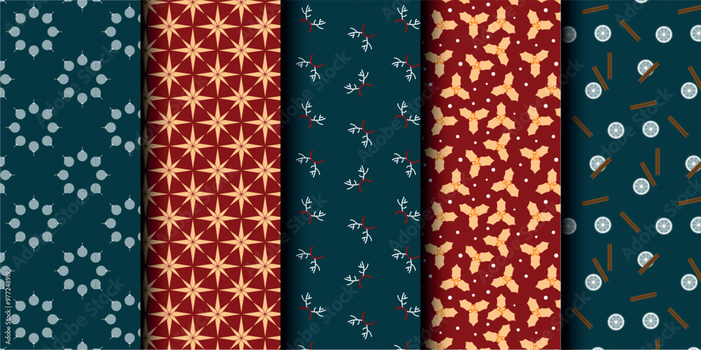 Set of Christmas vector seamless pattern. Merry Christmas and Happy New Year. Christmas symbols background. Vector red and blue seamless illustration Set of Christmas vector seamless pattern. Merry Christmas and Happy New Year. Christmas symbols background. Vector red and blue seamless illustration