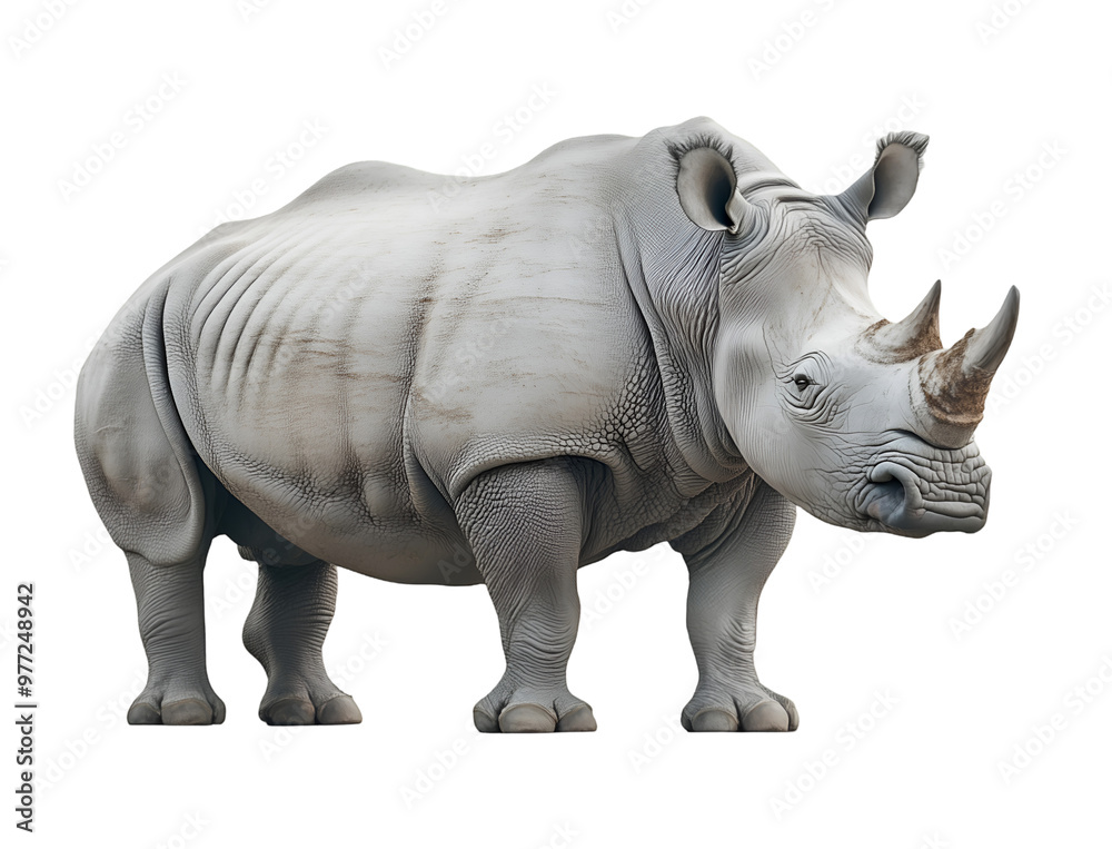 Fototapeta premium Realistic Illustration of a Rhinoceros with Distinctive Horn and Muscular Build Isolated on White Background, Cutout, Isolated on White Background