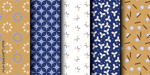 Set of Christmas vector seamless pattern. Merry Christmas and Happy New Year. Christmas symbols background. Vector gold and blue seamless illustration