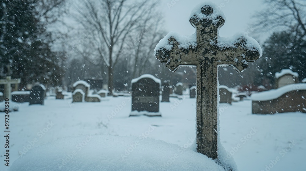 A quiet cemetery, with a cross and gravestone shrouded in snow, evoking peacefulness and contemplation. A quiet cemetery, with a cross and gravestone shrouded in snow, evoking peacefulness and contemplation.