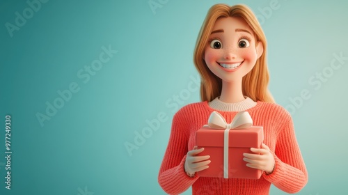 3D character close up portrait of a happy white woman in a bright red cardigan, holding a gift box with both hands, on a soft blue gradient backdrop, copy space, cute cartoon style