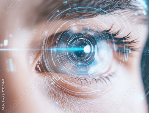 Close-up of an American voter authenticating their ballot using retinal scanning technology photo