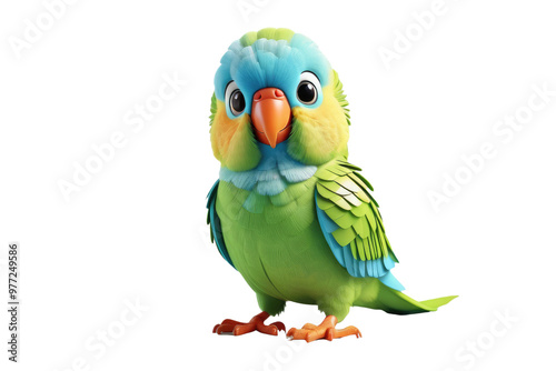 Cartoon-style parakeet, 3D high-quality model, centered on stark white background, gentle shadows beneath, soft edges, simplistic yet child-friendly design, rendered in vibrant colors