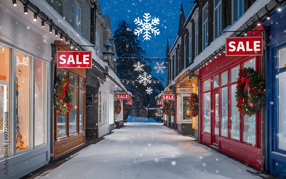 Obraz premium Generative-AI, Boxing Day Winter Wonderland Sale with Snowy Street and Brightly Lit Shops