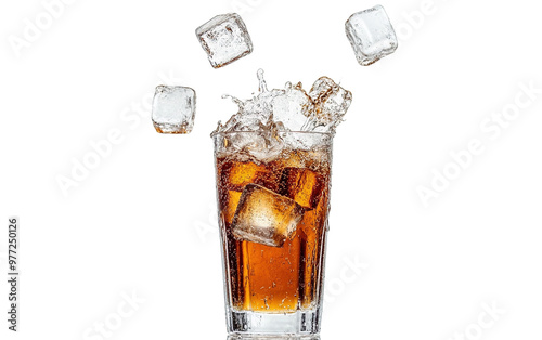 Floated coca with ice cubes splash on white background,png photo