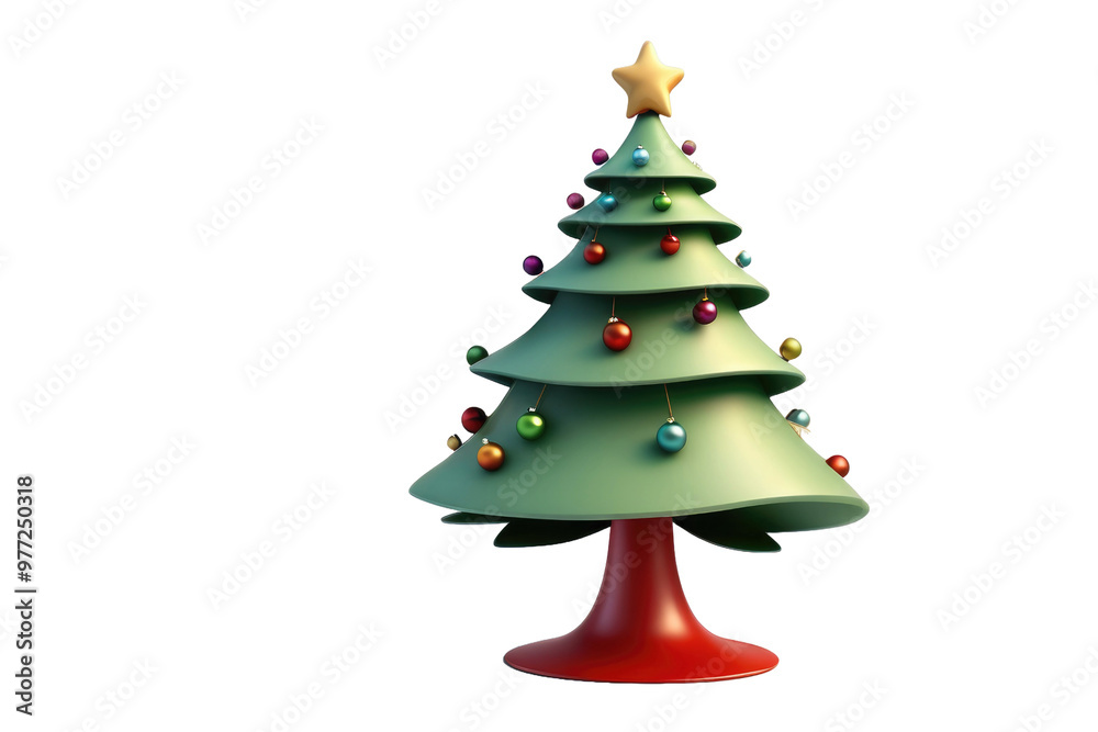 Holiday cartoon Christmas tree, charmingly simplified for a child-friendly appeal, steals the limelight in 3D quality, masterfully rendered against a stark white, devoid of distraction