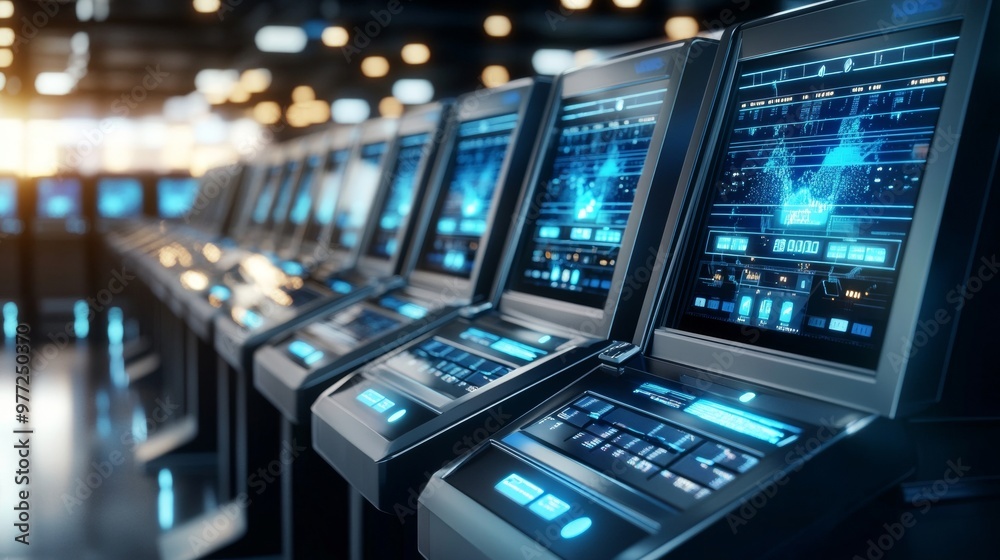 Close-up on rows of voting machines sleek design with glowing screens Close-up on rows of voting machines sleek design with glowing screens