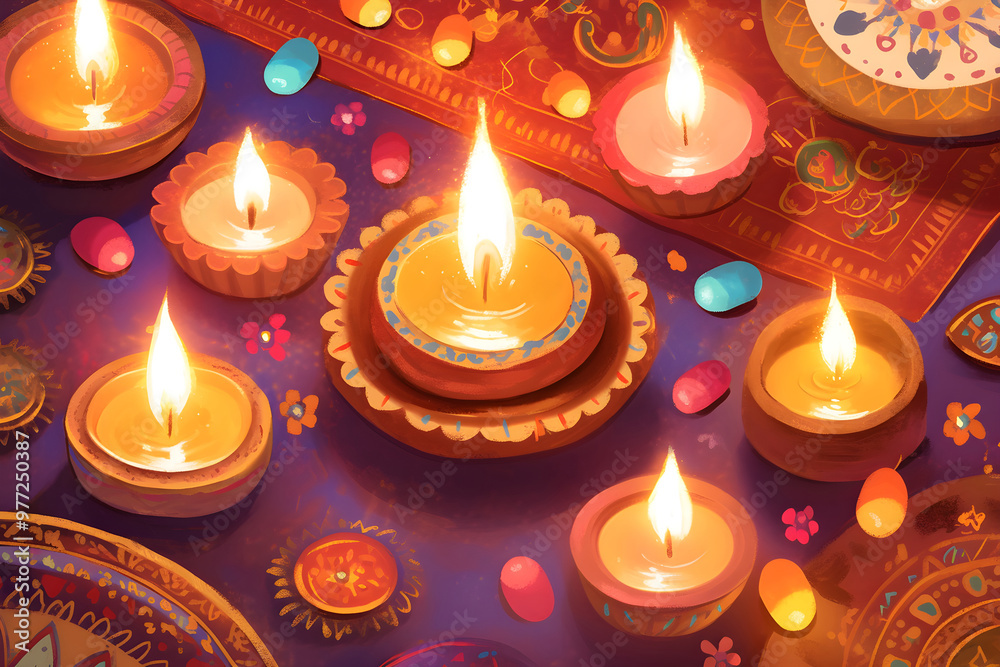 Happy Diwali greeting card. Flat colorful tracery composition with burning diya on purple background. Traditional Deepavali oil lamps simple art. Pongal Ugadi Gudi Padwa. Hindu holidays decor. Happy Diwali greeting card. Flat colorful tracery composition with burning diya on purple background. Traditional Deepavali oil lamps simple art. Pongal Ugadi Gudi Padwa. Hindu holidays decor.
