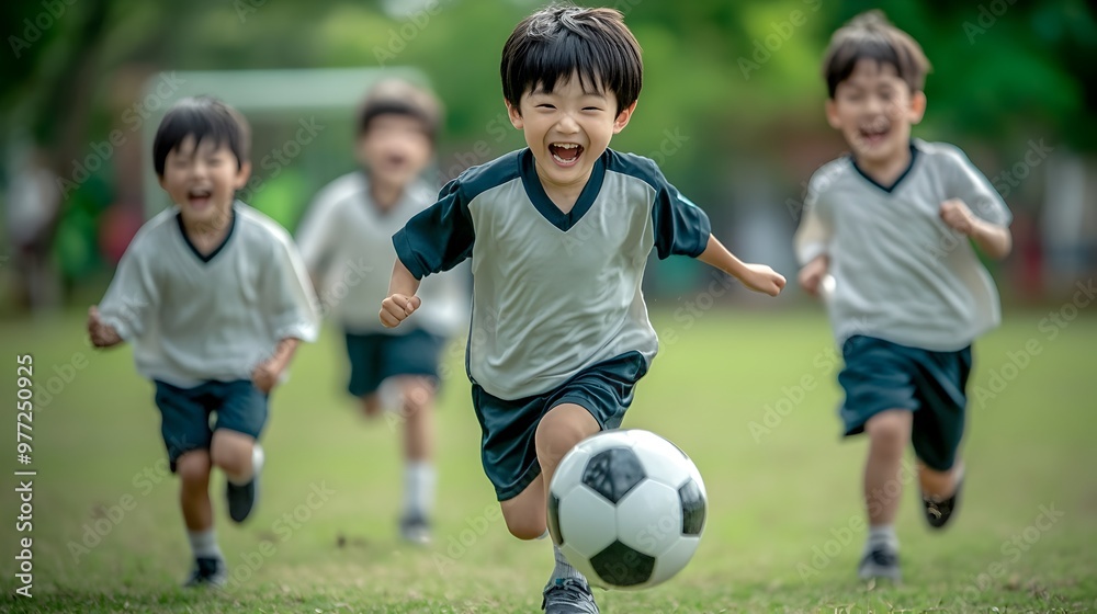 Engaged Asian Kids Playing Friendly Soccer Match at School Playground Engaged Asian Kids Playing Friendly Soccer Match at School Playground
