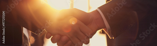 Business Professionals Shaking Hands in Office Deal, Sunlit Bokeh Background for Banner. 