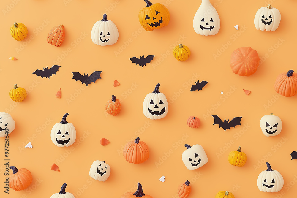 Halloween Festive Background with Pumpkins and Bats Halloween Festive Background with Pumpkins and Bats