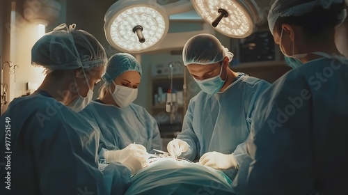 Surgeons performing an intricate operation in a sterile environment, showcasing teamwork and precision in the operating room.