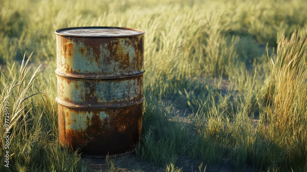 A beautifully lit, ultra-realistic image of a weathered, rusted 55-gallon oil drum in a rugged outdoor environment A beautifully lit, ultra-realistic image of a weathered, rusted 55-gallon oil drum in a rugged outdoor environment