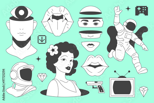 Y2k psychedelic comic minimal line icon contemporary pop art concept set vector flat illustration. Rave retro groovy funky sketch neo gothic sculpture bust astronaut mouth lips woman tv gamepad gun