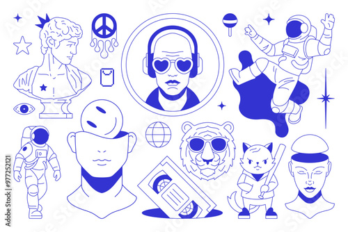 Y2k psychedelic comic blue pen sketch contemporary pop art concept line icon set vector flat illustration. Hype surreal sculpture astronaut tiger hippie peace symbol video tape cassette man headphones