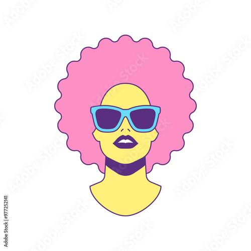 Y2k African woman in sunglasses summer funky portrait contoured icon vector flat illustration. Comic Afro pink hairstyle female head fashion contemporary pop art hype groovy poster t shirt print