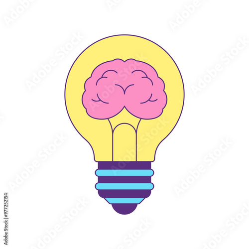 Y2k light bulb with brain contemporary pop art psychedelic contoured icon vector flat illustration. Illuminated lightbulb innovation idea knowledge inspiration comic sticker t shirt print
